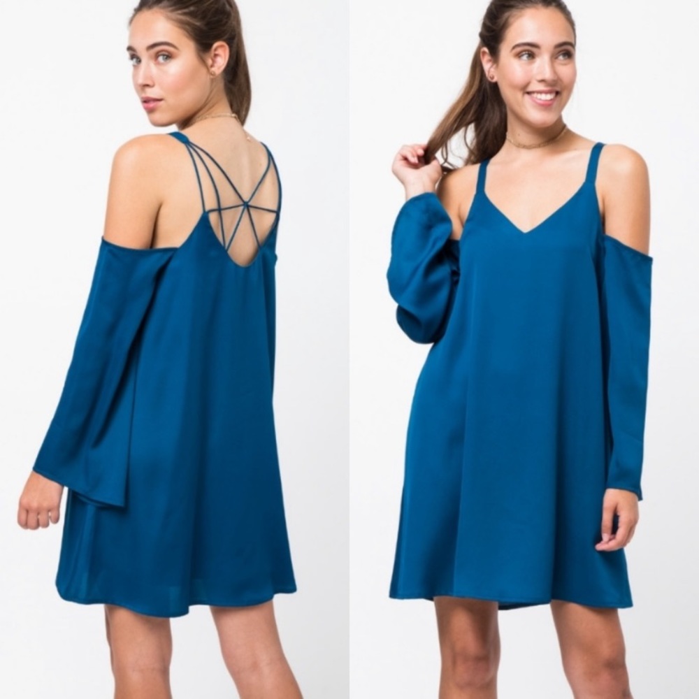 Teal blue strappy back long sleeve cold shoulder satin mini dress S M L